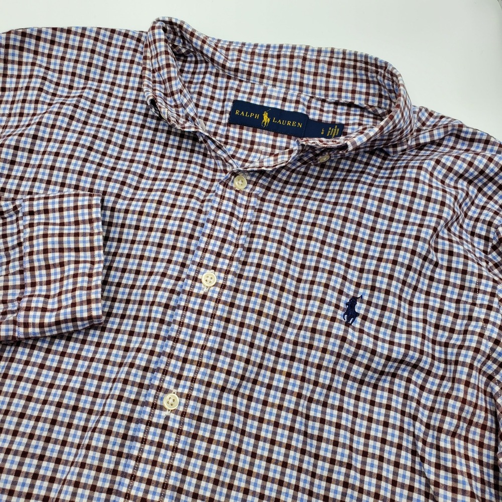 Ralph Lauren Mens Brown Blue Check Button Down Shirt Large Long Sleeve Pony Logo